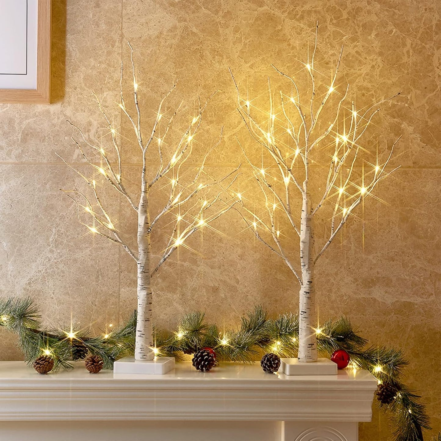 Set of 2 Small Birch Twig Tree Lights Photo Display Tree with 24 Warm White Leds Battery Operated Tabletop Decoration for Xmas Home Party Wedding (60Cm/2Ft)