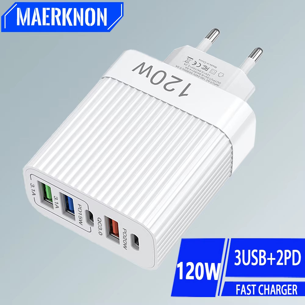 USB Fast Charger 5 Ports PD Type C Quick Charge Phone Charger Adapter for Iphone 15 Pro Samsung Xiaomi Huawei USB C Wall Charger