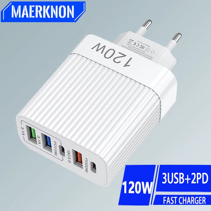 USB Fast Charger 5 Ports PD Type C Quick Charge Phone Charger Adapter for Iphone 15 Pro Samsung Xiaomi Huawei USB C Wall Charger