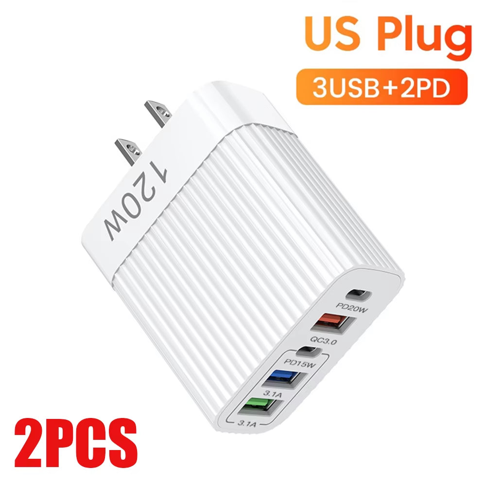 USB Fast Charger 5 Ports PD Type C Quick Charge Phone Charger Adapter for Iphone 15 Pro Samsung Xiaomi Huawei USB C Wall Charger