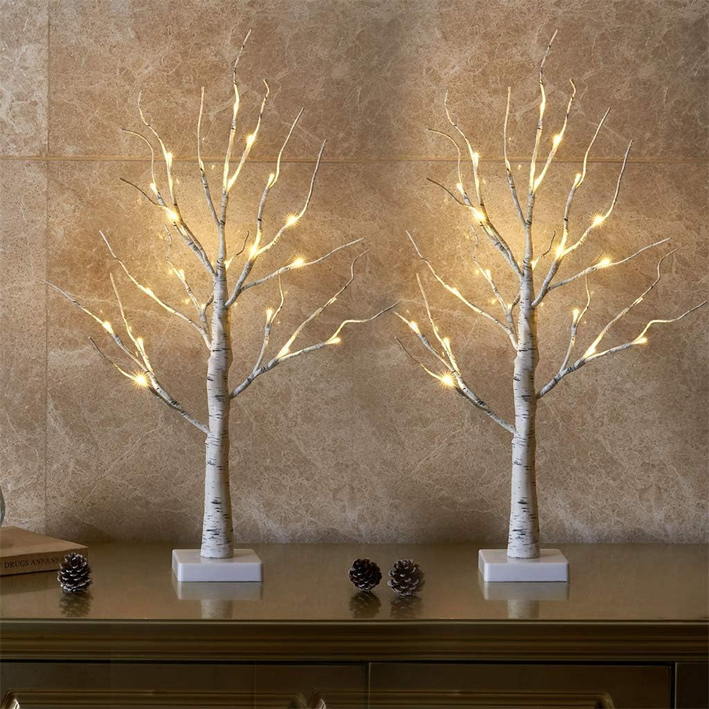 Set of 2 Small Birch Twig Tree Lights Photo Display Tree with 24 Warm White Leds Battery Operated Tabletop Decoration for Xmas Home Party Wedding (60Cm/2Ft)