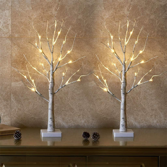 Set of 2 Small Birch Twig Tree Lights Photo Display Tree with 24 Warm White Leds Battery Operated Tabletop Decoration for Xmas Home Party Wedding (60Cm/2Ft)