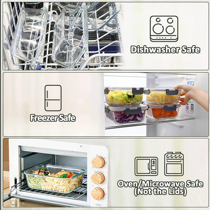 10-Pack Glass Food Storage Container with Lids, Airtight Lunch Bento Boxes, Glass Meal Prep Container,Microwave, Oven, Freezer and Dishwasher Friendly