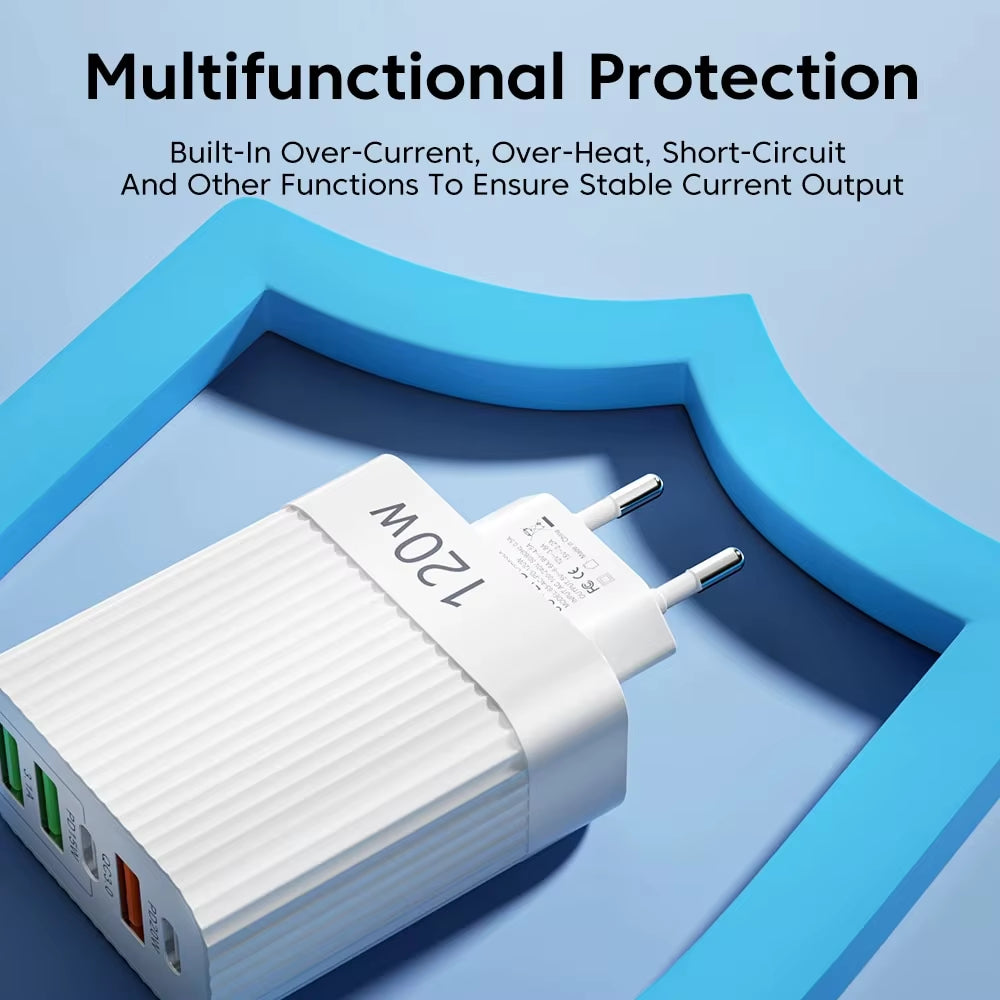 USB Fast Charger 5 Ports PD Type C Quick Charge Phone Charger Adapter for Iphone 15 Pro Samsung Xiaomi Huawei USB C Wall Charger