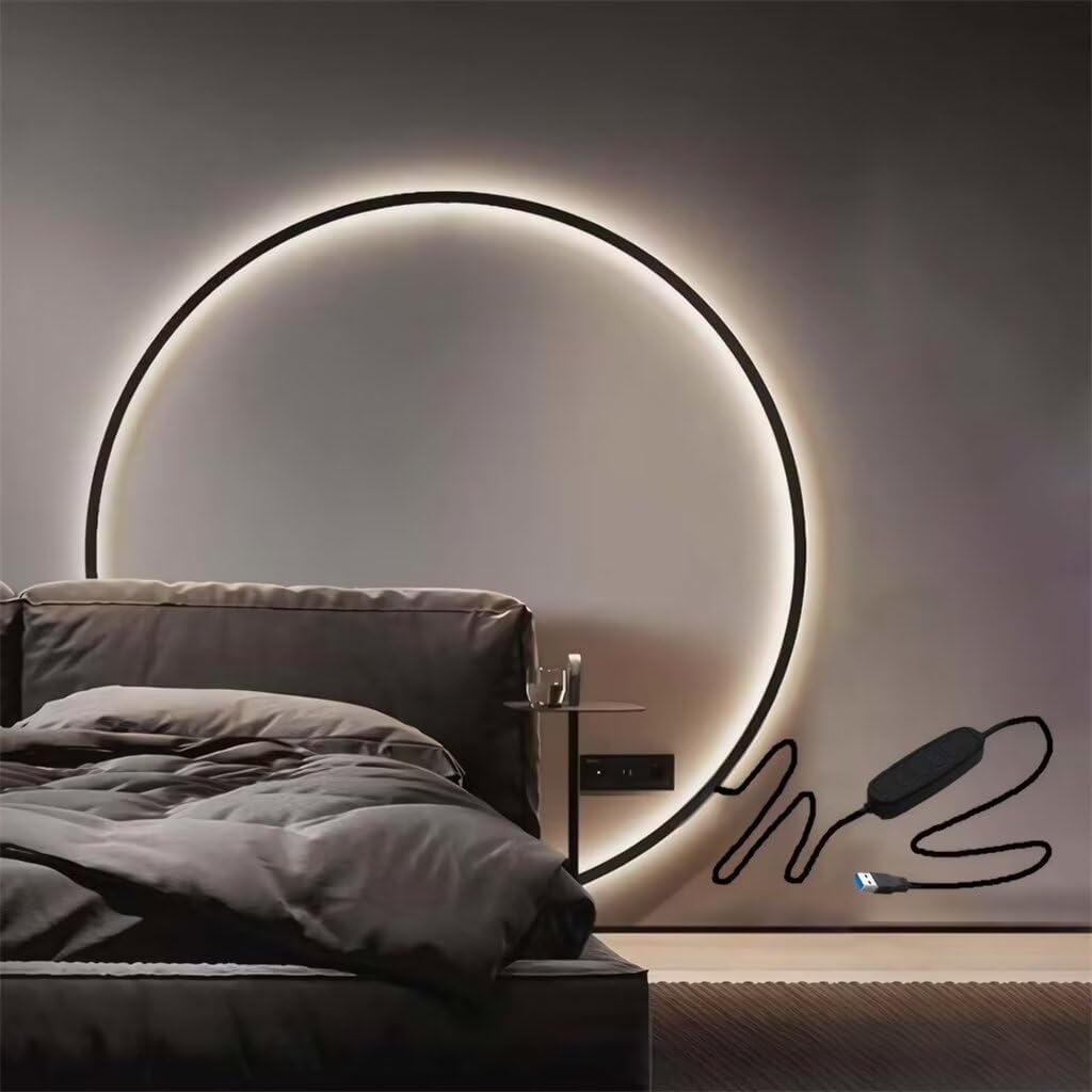 Wall Light Circle 60Cm Indoor LED Ring Wall Light for Living Room Black Wall Lamp round Indirect Light Minimalist Circle Wall Light for Bedroom, Office, Shop, Hallway and Cafe