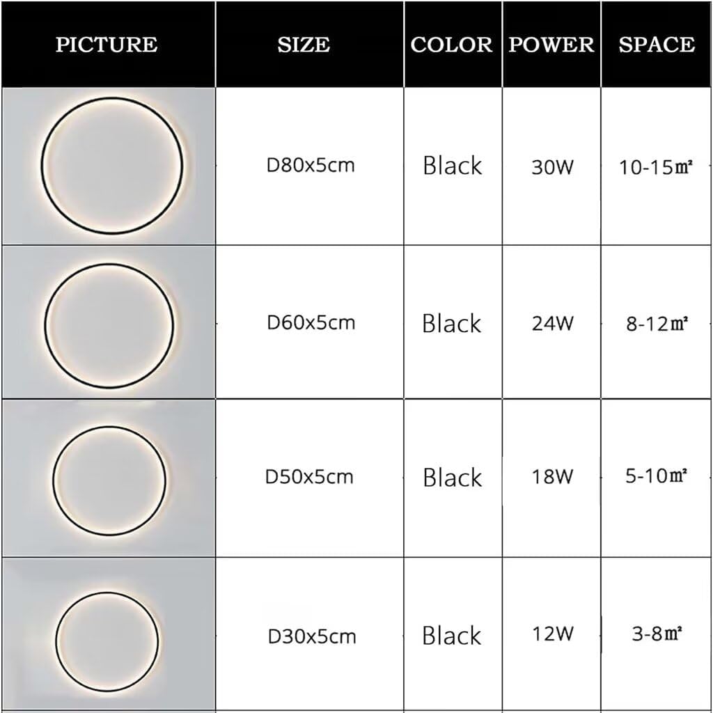 Wall Light Circle 60Cm Indoor LED Ring Wall Light for Living Room Black Wall Lamp round Indirect Light Minimalist Circle Wall Light for Bedroom, Office, Shop, Hallway and Cafe