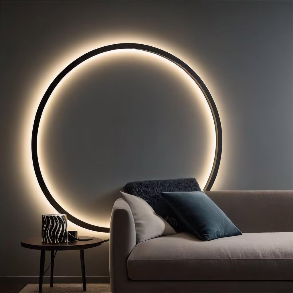 Wall Light Circle 60Cm Indoor LED Ring Wall Light for Living Room Black Wall Lamp round Indirect Light Minimalist Circle Wall Light for Bedroom, Office, Shop, Hallway and Cafe