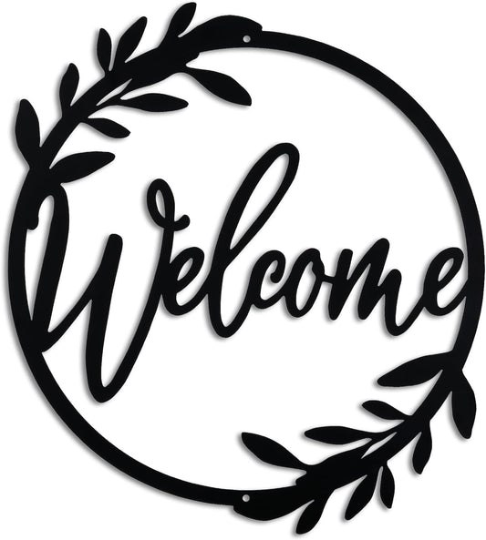 Glattol  Metal Welcome Sign for Front Door - Large 13.5 Inch Black Wall Decor - Indoor Outdoor Home Decor Perfect for Front Porch, Living Room, and Kitchen (Wreath Style)