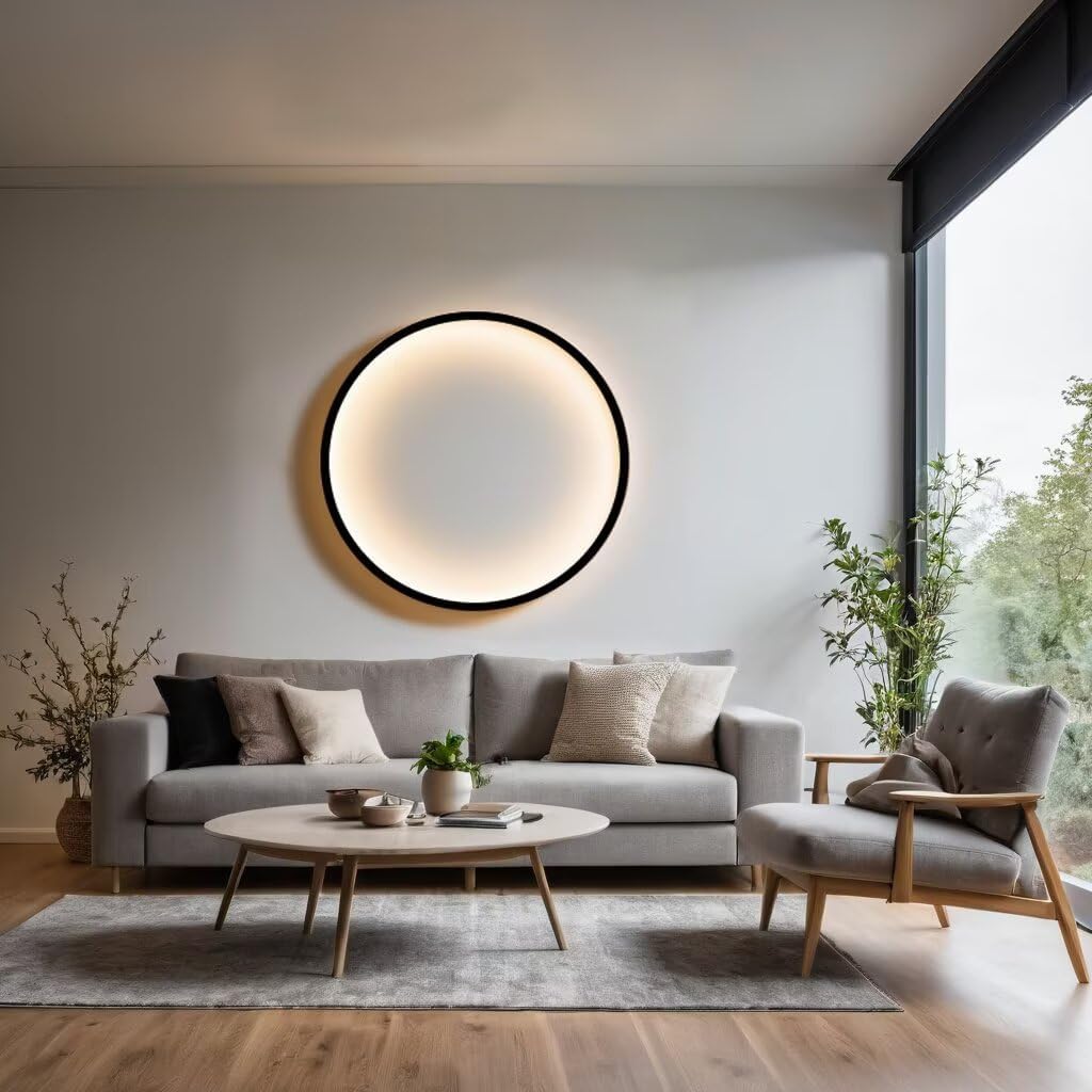 Wall Light Circle 60Cm Indoor LED Ring Wall Light for Living Room Black Wall Lamp round Indirect Light Minimalist Circle Wall Light for Bedroom, Office, Shop, Hallway and Cafe