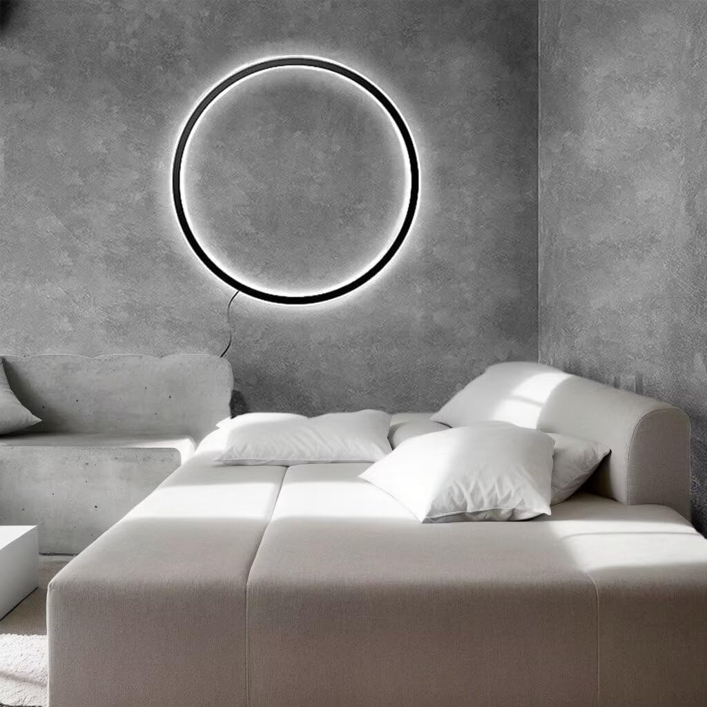 Wall Light Circle 60Cm Indoor LED Ring Wall Light for Living Room Black Wall Lamp round Indirect Light Minimalist Circle Wall Light for Bedroom, Office, Shop, Hallway and Cafe