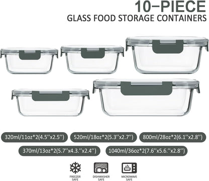 10-Pack Glass Food Storage Container with Lids, Airtight Lunch Bento Boxes, Glass Meal Prep Container,Microwave, Oven, Freezer and Dishwasher Friendly