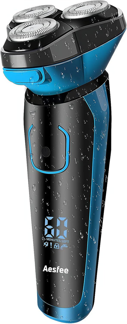 Rasoir Electrique Homme Rechargeable Etanche Wet&Dry Rasoir Electrique 3D Têtes Rotatives Tondeuse Barbe Avec Indicateur De Batterie, Serrure De Voyage
