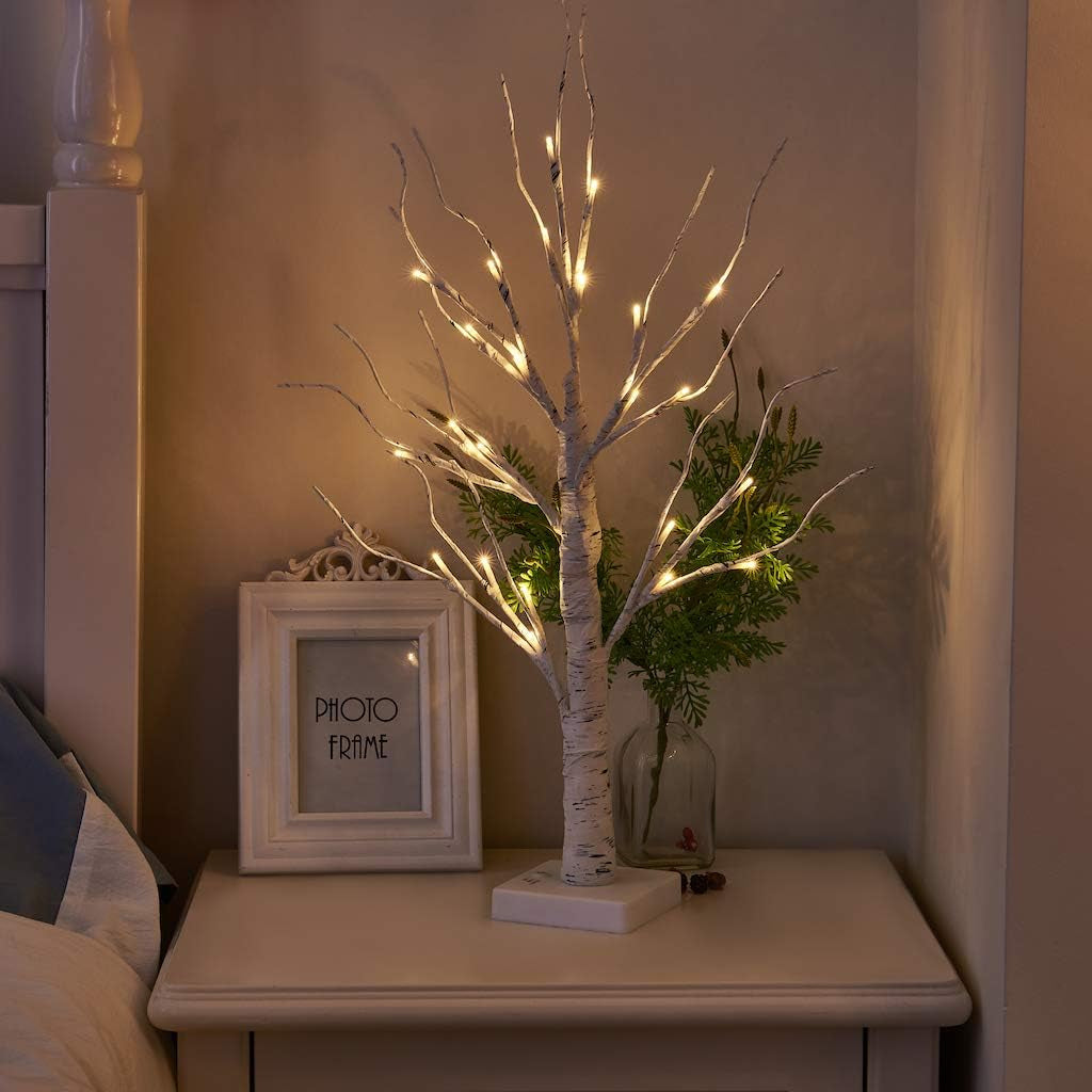 Set of 2 Small Birch Twig Tree Lights Photo Display Tree with 24 Warm White Leds Battery Operated Tabletop Decoration for Xmas Home Party Wedding (60Cm/2Ft)