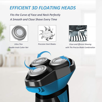 Rasoir Electrique Homme Rechargeable Etanche Wet&Dry Rasoir Electrique 3D Têtes Rotatives Tondeuse Barbe Avec Indicateur De Batterie, Serrure De Voyage