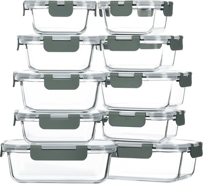 10-Pack Glass Food Storage Container with Lids, Airtight Lunch Bento Boxes, Glass Meal Prep Container,Microwave, Oven, Freezer and Dishwasher Friendly