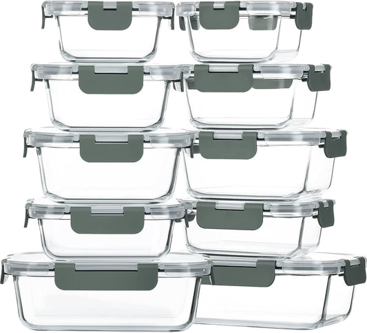 10-Pack Glass Food Storage Container with Lids, Airtight Lunch Bento Boxes, Glass Meal Prep Container,Microwave, Oven, Freezer and Dishwasher Friendly