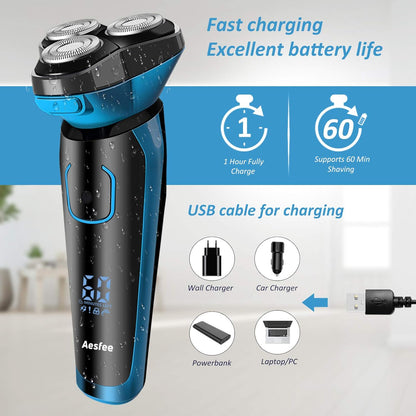 Rasoir Electrique Homme Rechargeable Etanche Wet&Dry Rasoir Electrique 3D Têtes Rotatives Tondeuse Barbe Avec Indicateur De Batterie, Serrure De Voyage