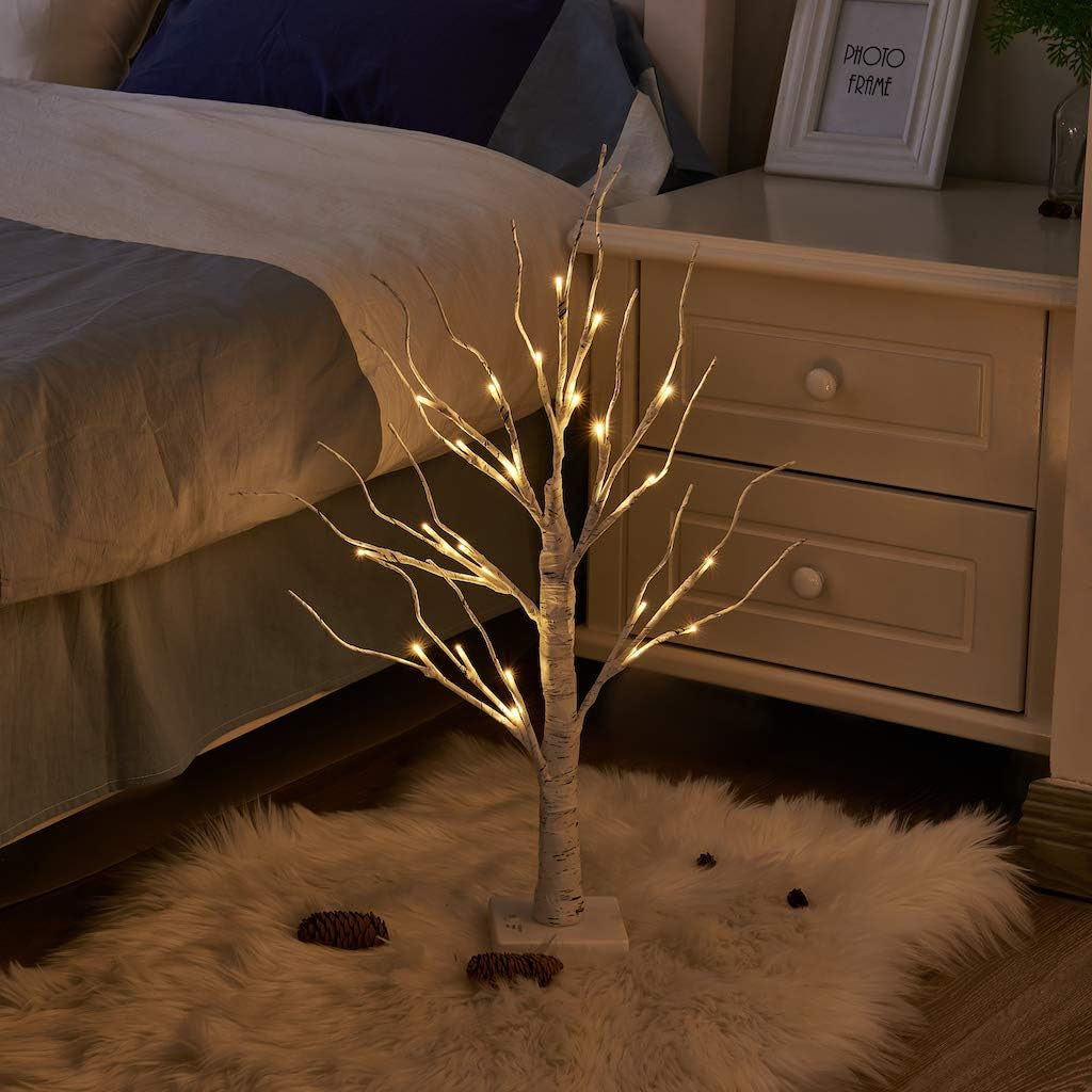 Set of 2 Small Birch Twig Tree Lights Photo Display Tree with 24 Warm White Leds Battery Operated Tabletop Decoration for Xmas Home Party Wedding (60Cm/2Ft)